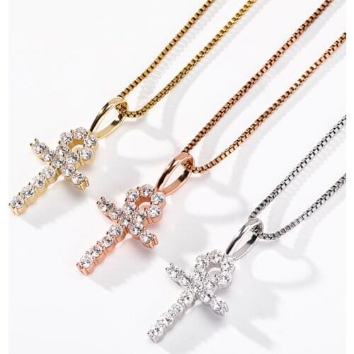 925 Sterling Silver Small Ankh Cross Pendant Iced Out Cubic Zirconia Womens Necklace Personalized Fashion Jewelry Gift