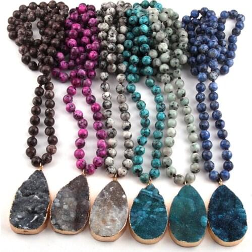 Fashion Stone Long Knotted Druzy Drop Pendant Necklace Women Lariat Necklaces