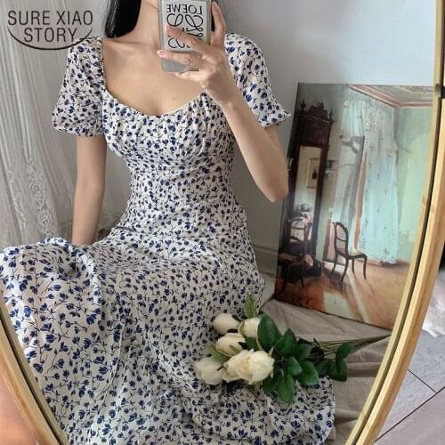 Spring Summer Dress Vintage Square Collar Womens Dresses Print Floral Slim Ruffled Chiffon Dresess Fashion Long Dress 14581