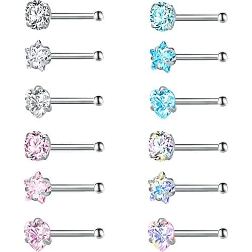 12 Pcs Screw Nose Studs Set I L Shape Tragus Ring Ear Studs Round Star Heart Cubic Zirconia Surgical Steel Nose Piercing 20G