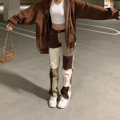 2021 Brown Straight Jeans For Girls Female Fashion Patched Women Vintage Denim Pants New High Waisted Trouser Harajuku Capris