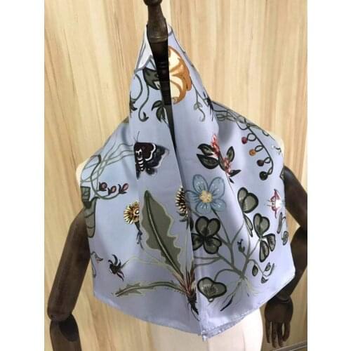 2021 new arrival fashion elegant blue flower 100% silk scarf 90*90 cm square shawl twill wrap for women lady girl