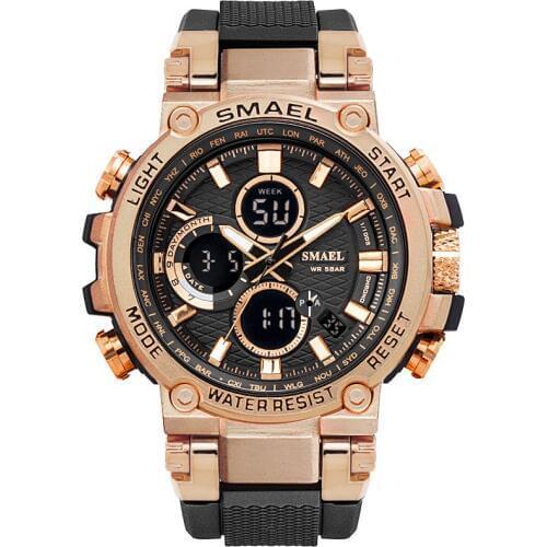 New Fashion Smael Watch Mens Watches Dual Display Analog Digital Watch Mens Sports Watches Golden Relogio Masculino Reloj Hombre