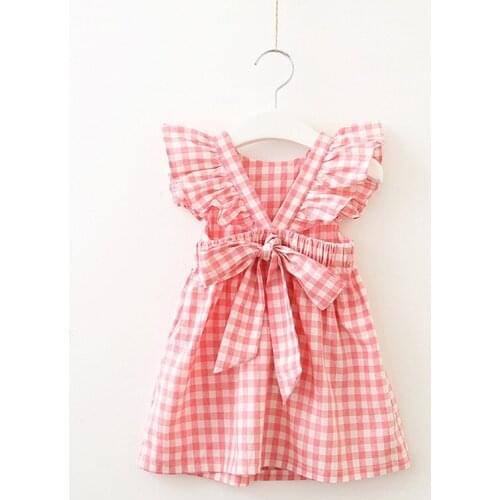 Pink Blue Plaid Princess Girls Summer Bow Dress Childrens Flying Sleeve Baby Dress Cotton Comfortable Backless Fashion Dress
