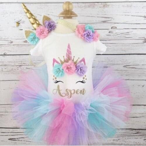 Custom unicorn baby girl first birthday outfit Personalised name age any Character Baptism Baby Shower cake smash tutu set