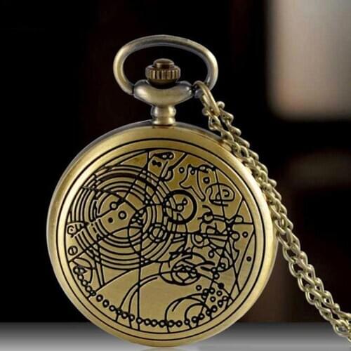 Retro Bronze Geometric Pattern Pocket Watch Quartz Chain Pendant Necklace Gift Fob Watches