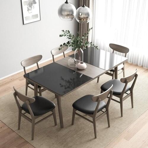 Cheap Solid Wood Leg Extendable Dining Table Glass Top 6 Chairs Set