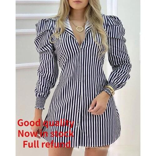 2021 new womens striped puff sleeve slim shirt dress