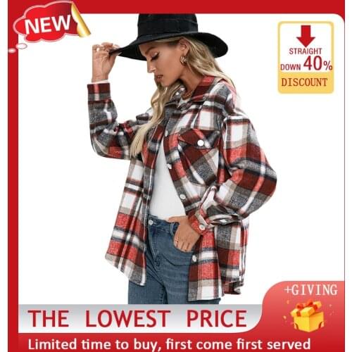 Womens Autumn Winter Double-Faced Fleece Shirt Fashion Plaid Long-Sleeved Shirt Jacket Womens New Thick Warm Jacket Casual Top