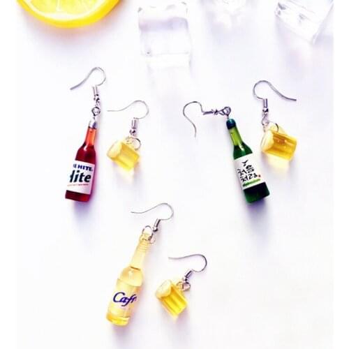 Resin Cool Mini Beer Bottle Wine Glass Dangle Earrings Women Creative Asymmetric Beer Cup Wine Bottle Art Earrings Jewelry