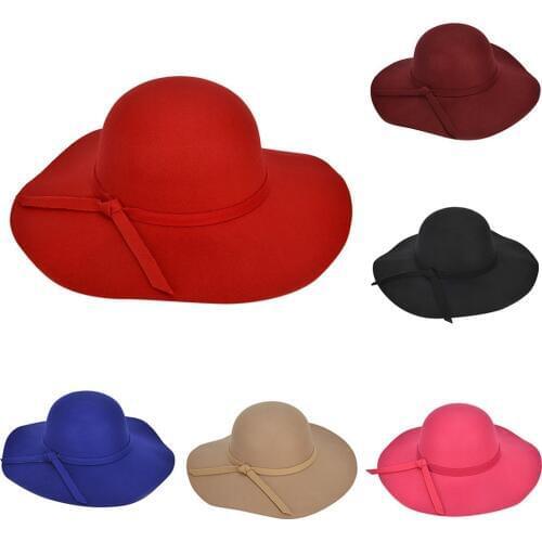 Women Ladies Wool Floppy Fedoras hats Wide Brim Felt Bowler Beach Hat Sun Cap Summer chapeau femme mariage black hat sombrero