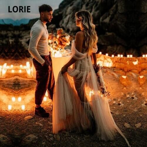 LORIE Boho Wedding Dresses Off the Shoulder Pleats Appliques Tulle Lace Sexy Bohemian Bride Gown 2021 vestidos de novia