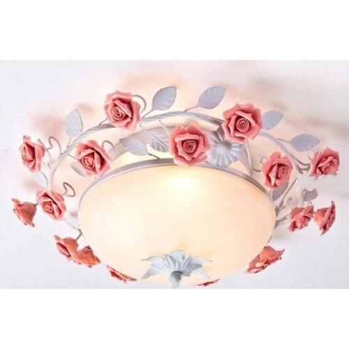 LED Rural Flower ceiling lamp Living Room Childrens Girls Bedroom Rose Ceiling Light European Glass Shade Home ceiling lamp D68