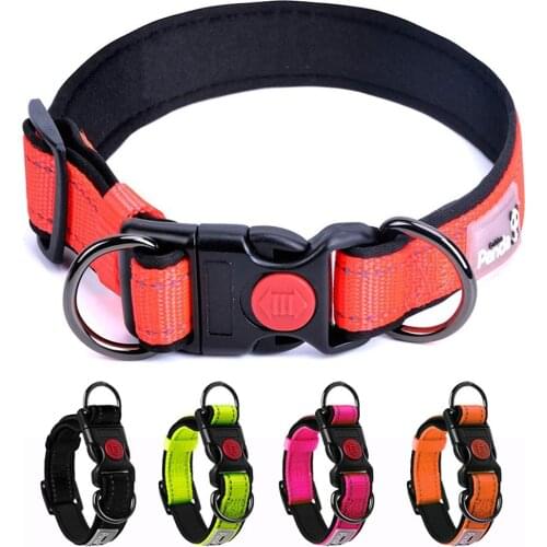 Reflective Padded Dog Collar Durable Strong Double D Ring Safety Nylon Pet Dog Collars Adjustable for Small Medium Large Dogs