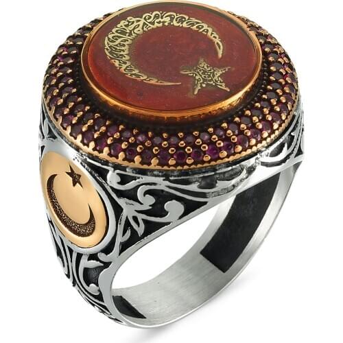 Turkish Man Rings Original New Hot Sale Moon Star Antique Islamic Trendy Bohemian 925 Silver Ottoman Men Ring Vintage Jewelry