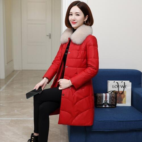 100% Genuine Leather Jacket Women Sheepskin Coat Fox Fur Collar Winter Outwear Clothes Long Warm Down Coats Female 2087
