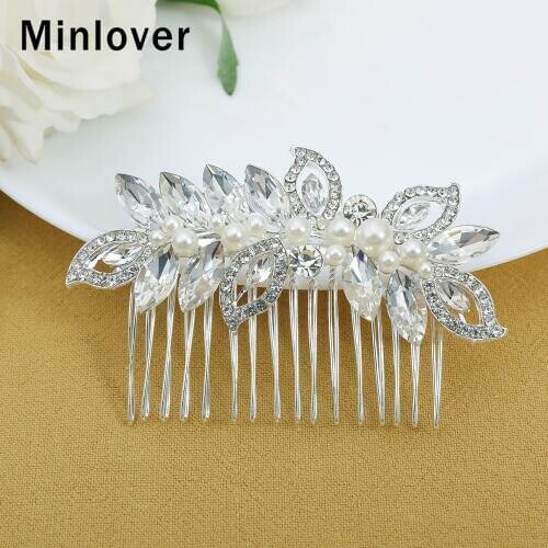 Minlover Rose Gold Color Leaves Pearls Wedding Hair Combs/Pins Crystal Bride Hair Accessories Women Tiaras Hair Ornaments FS295
