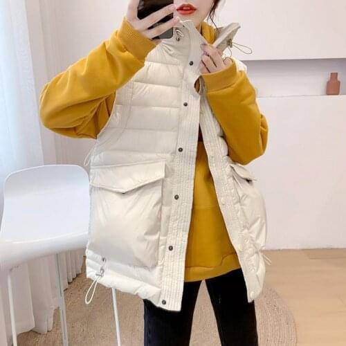 2021 Women Winter Elegant Chic Vest Lady Button Pockets Stand Collar Down Cotton Sleeveless Waistcoat Female Warm Short Vest M58