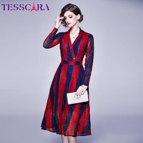TESSCARA Women Elegant Stripe Lace Dress Festa High Quality Office Cocktail Party Robe Femme Vintage Designer V-neck Vestidos
