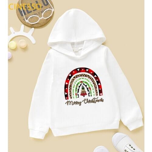 Winter Long Sleeve Tops Girl Rainbow Merry Christmas Tree Print Kids Simple Sweatshirt Child Graphic Oversized Hoodie Tracksuit