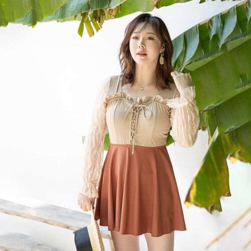 2021 New Large Size XL-6XL Fat Girl Lace Long-Sleeved Pleated Lace Cross-Tether One-Piece High-Waist Skirt Hot Spring Swimsuit