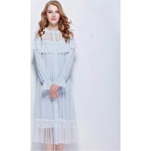 Free Shipping 2016 New Autumn Womens Long Blue and White Vintage Pyjamas Lace Sleepwear Cotton Nightgown Lady Royal Nightshirt