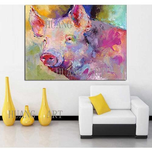 Free Shipping Funny Design Hand-painted Pig Head Oil Painting on Canvas Textured Knife Modern Abstract Cartoon Pig Oil Painting