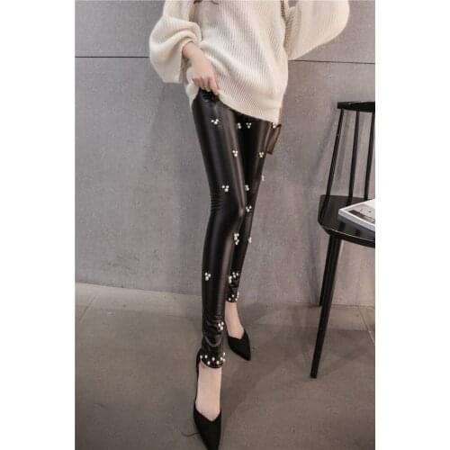 Free ship High Quality PU Leather Women Pants MUTI STYLE female high waist elastic pu leather fleece stretch Slim women pencil