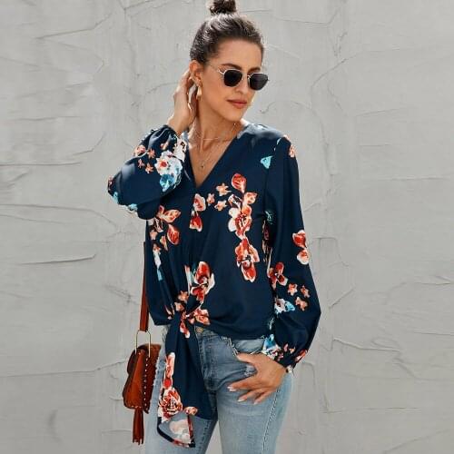 Blouse Hot Sale Polyester Sashes Full Plus Size Zanzea Womens Shirt Spring 2020 New V-neck Long-sleeved Knotted Printed Women
