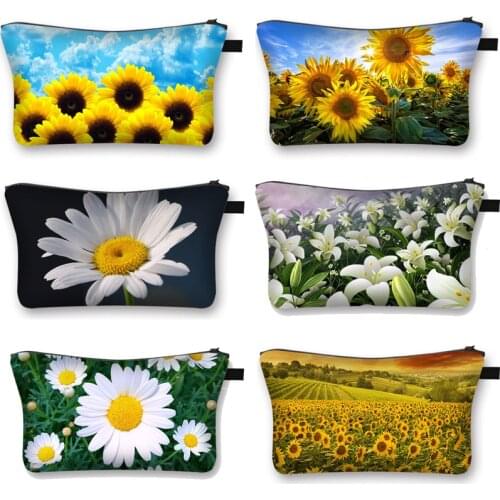 Sunflower / Little Daisy / Lotus Print Cosmetic Case Ladies Waterproof MakeUp Bag Little White Daisy Women Cosmetic Bags