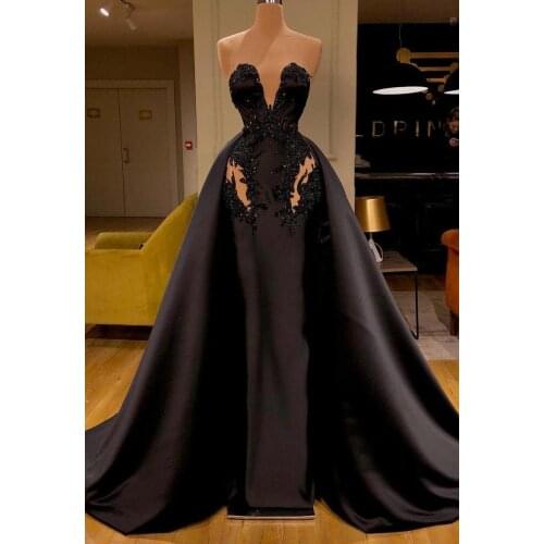 Black Mermaid Satin Overskirts Prom Dress Beading Sequined Lace Appliqued Sweetheart Evening Dresses With Detachable Train