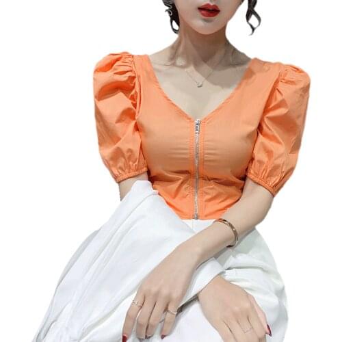 Puff Sleeve T-Shirt Shirt Tops Womens Summer Short Zipper Shirt Jacket Slim Orange V-Neck Thin Jacket Female Fashion Coat 2021