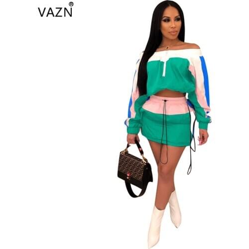 VAZN Hot Sale New Sexy Design 2 Piece Women Set Slash Neck Full Sleeve Mini Skirts Age Reduction Slim Tracksuits Set LSD8300