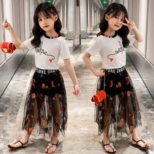 New Summer Kids 2PCS Girl Clothes Sets Teenage 4 6 8 10 12 Years Fashion School Clothing Sets Tops T-shirt Tutu Skirt Outfits