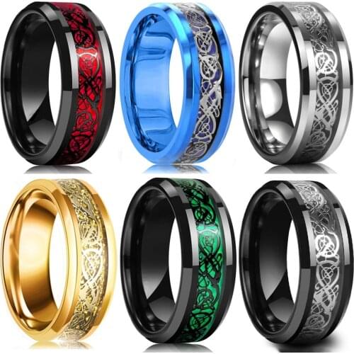10 Colors 8mm Mens Stainless Steel Celtic Dragon Ring Inlay Red Green Black Carbon Fiber Ring Wedding Band Jewelry Size 6-13