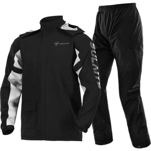 SULAITE Reflective Motorcycle Rain Suit Waterproof Rain Jacket + Pants with Shoe Covers Black All Seasons Rain Combinations