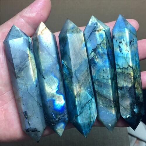 New Beautiful Natural Moonstone Labradorite Quartz Crystal Wand Point Healing