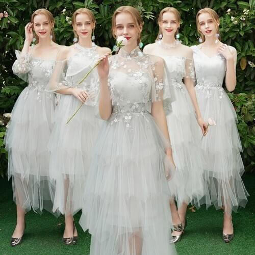 Bridesmaids Dress Illusion Halter Short A-Line Embroidery Knee-Length Lace Tulle Off The Shoulder Women Wedding Party Gown E215