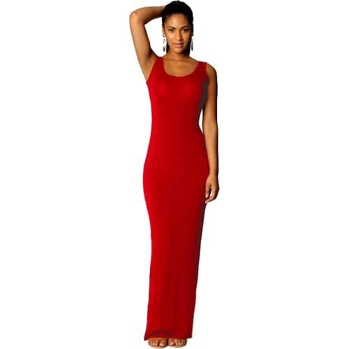 Summer Women Solid Color Sleeveless Sexy Dress Mid Waist O-neck Elegant Tight-fitting Vest Street Ladies Long Dress