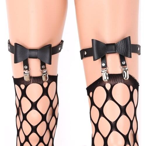 Iiniim 1 Pair Womens Femme Leather Bowknot Leg Garter Punk Gothic Sexy Clubwear Elasticity Leg Harness Garter Belts with Clips