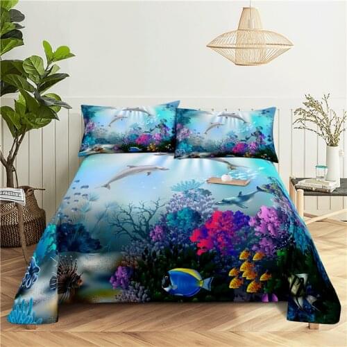 Marine Animal 0.9/1.2/1.5/1.8/2.0m Digital Printing Polyester Bed Flat Sheet With Pillowcase Print Bedding Set