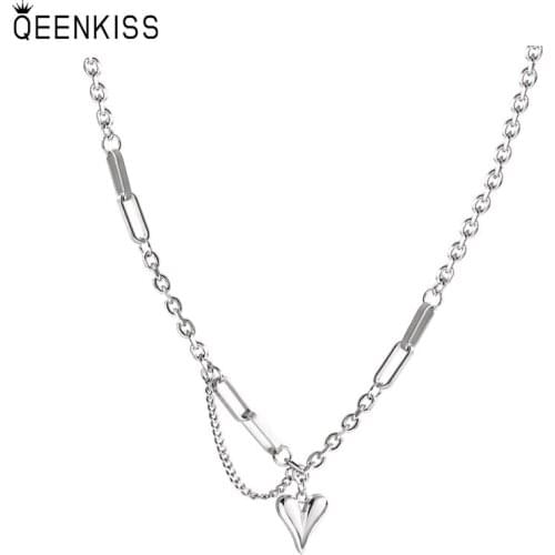 QEENKISS NC739 Fine Jewelry Wholesale Fashion Trendy Woman Girl Birthday Wedding Gift Heart Stitching Clavicle Pendant Necklace