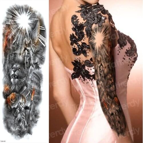 Roman Empire Building knight designs Greek clock full arm temporary tattoo fake tattoo geometric abstract lion tattoo flower arm