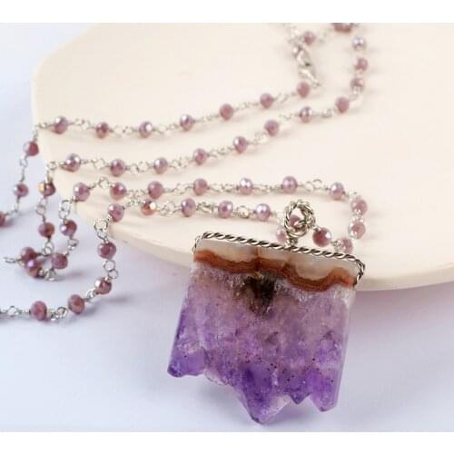 Luxury Women Pendant Necklace Natural Amethysts Slice Pendant Necklace Bohemian Gems Stone Knotted Ethnic Necklace Wholesale
