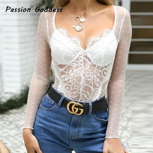 Sexy Women Lace Bodysuits Rompers Outfits Long Sleeve Transparent Jumpsuit Body Femme Nightclub Longue Slim Overalls CatPlaysuit