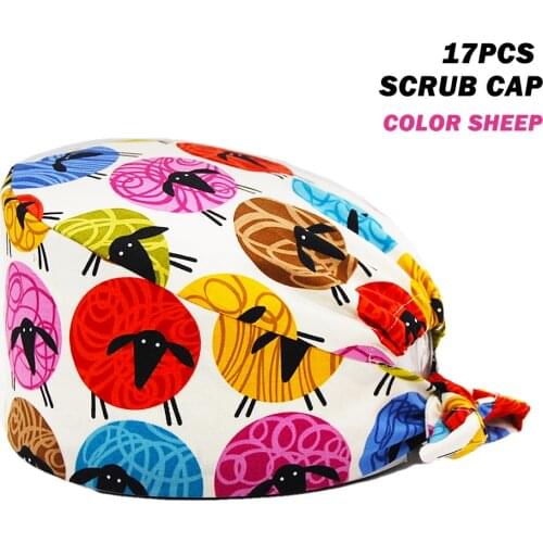 Wholesale Unisex 100% Cotton Scrub Cap Sheep Printing Nursing Hat Uniform Accessories Pet Shop Chef Working Surgicals Caps Women