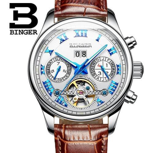 Switzerland Skeleton Automatic Watches Men mechanical Watch BINGER Luxury Military Leather Clock relogio masculino 2019
