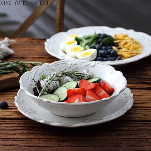 French Retro Ceramic Western Plate Creative Embossed Flower Steak Plate Household Rice Bowl Dish Plate Refreshment Plate