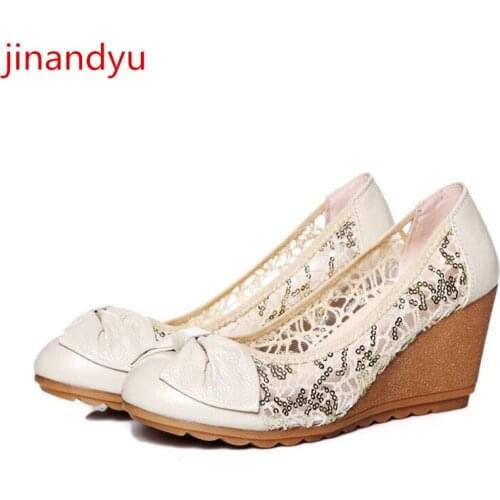 Lace High Heels Women Shoes Wedges Genuine Leather Pumps Breathable Casuales Black White Ladies Heel Fashion Red Shoes Woman