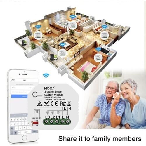 Mini DIY WiFi Smart Light Switch Module 3 Gang 1/2 Way Switch Module Tuya/Smart Life App Works with Alexa Google Home